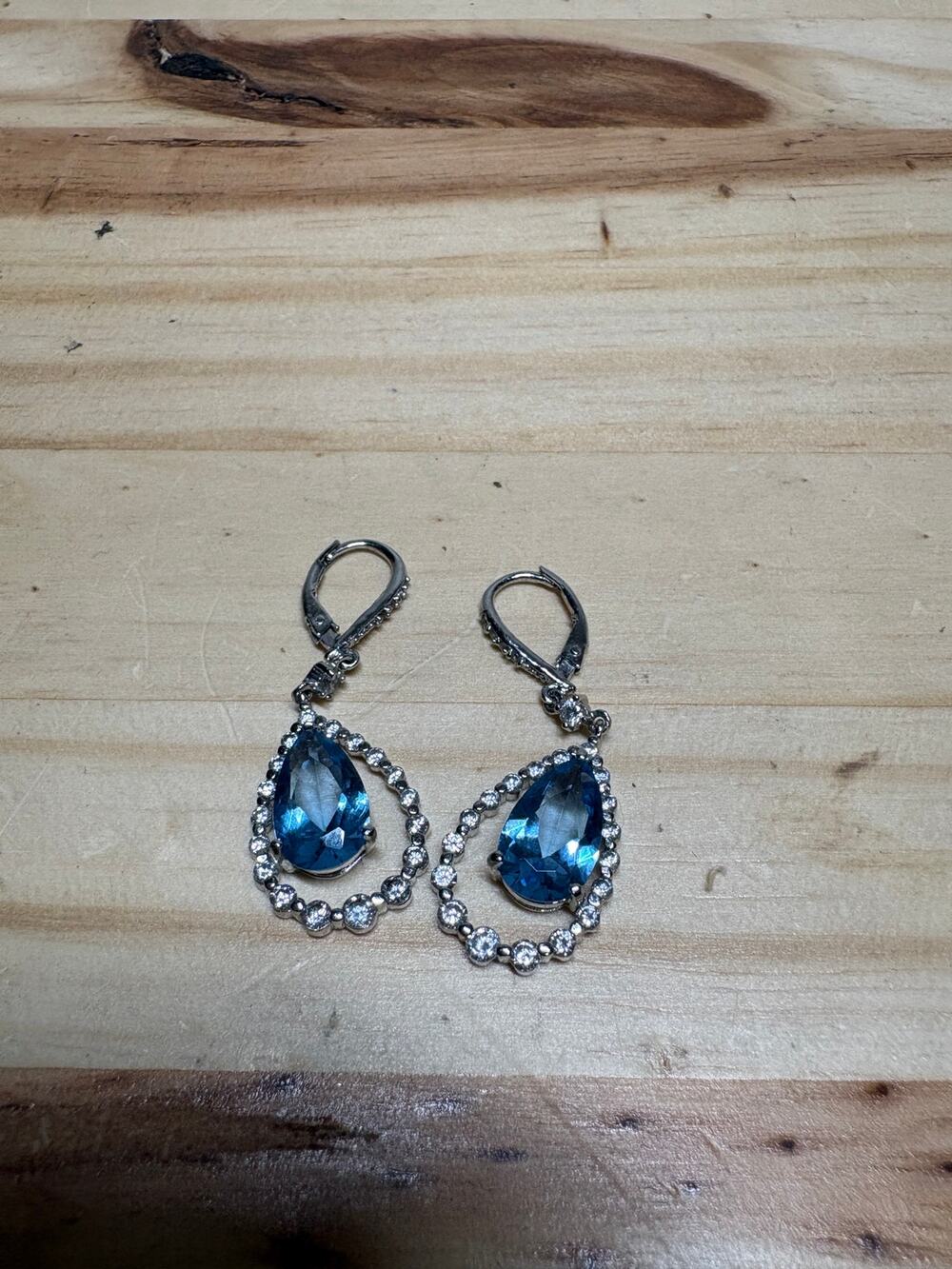 Blue Rhinestone Teardrop Dangle Leverback Earrings